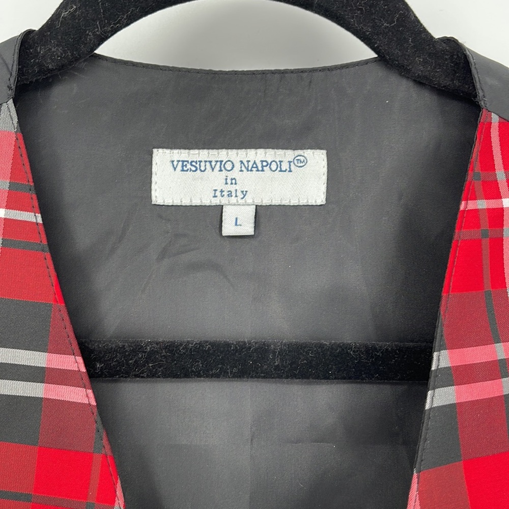 Vesuvio Napoli in Italy Vest Red Black White Plaid Poly Button Down large EUC - Picture 3 of 5